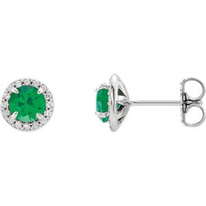 Emerald and Diamond Halo-Style Earrings, Rhodium-Plated 14k White Gold (4.5MM) (.16 Ctw, G-H Color, I1 Clarity)