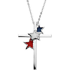 Cross with Stars 'United We Stand' Rhodium Plate Sterling Silver Necklace, 18"