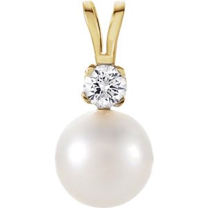 White Akoya Cultured Pearl and Diamond Pendant, 14k Yellow Gold, (6MM) (.02 Ct, Color G-H, Clarity I1)