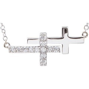 CZ Double Sideways Cross Rhodium-Plated Sterling Silver Bracelet, Adjustable 6-8"