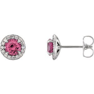 Pink Tourmaline and Diamond Halo-Style Earrings, 14k White Gold (3.5 MM) (.125 Ctw, G-H Color, I1 Clarity)