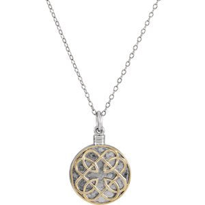 Celtic Knot Ash Holder Necklace, Rhodium Plated Sterling Silver, 14k Yellow Gold Plate, 18"