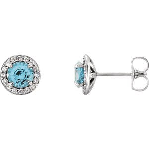 Blue-Zircon and Diamond Halo-Style Earrings, Rhodium-Plated 14k White Gold (4.5 MM) (.16 Ctw, G-H Color, I1 Clarity)