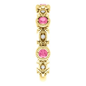 Pink Tourmaline and Diamond Vintage-Style Ring, 14k Yellow Gold, Size 7.75