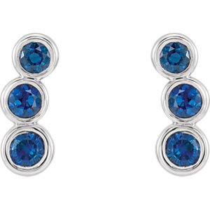Chatham Created Blue Sapphire Three-Stone Ear Climbers, Rhodium-Plated 14k White Gold