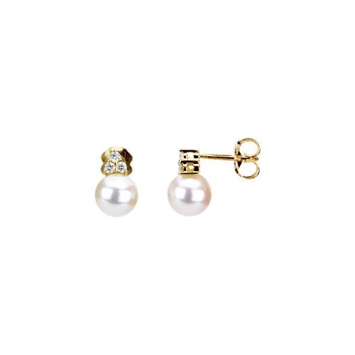 Freshwater Cultured White Pearl 1/8 Ctw Diamond Earrings, 14k Yellow Gold (7-7.5 MM)