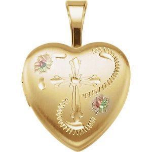Satin-Brush Heart with Cross and Enameled Flowers 14k Yellow Gold Plated Sterling Silver Locket(12.50X12.00 MM)