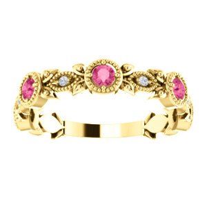 Pink Tourmaline and Diamond Vintage-Style Ring, 14k Yellow Gold, Size 7.75