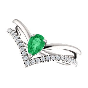 Chatham Created Emerald Pear and Diamond Chevron Platinum Ring ( .145 Ctw, G-H Color, SI2-SI3 Clarity)