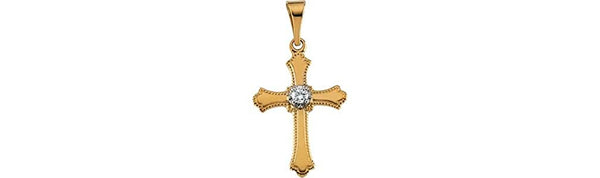 Diamond Fleur-de-Lis Cross 14k Yellow Gold Pendant
