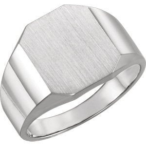 Men's Satin Brushed Signet Ring, 18k Palladium White, Size 11.75 (14X12MM)