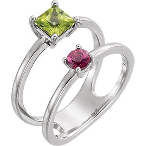 Peridot and Pink Tourmaline Two-Stone Ring, Sterling Silver, Size 7