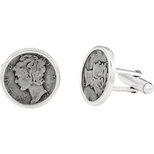 Mercury Dime Coin Bezel-Set Sterling Silver Cuff Links, 18MM