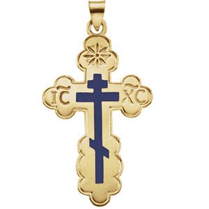 14k Yellow Gold, Blue Orthodox Cross Pendant