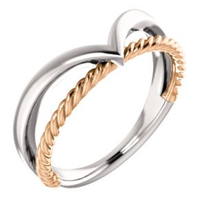 Negative Space Rope Trim and Curved 'V' Ring, Rhodium-Plated 14k White and Rose Gold, Size 6.5