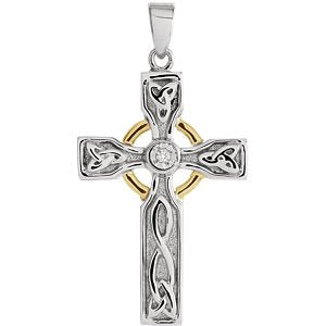 Diamond Halo Celtic Cross Rhodium-Plated Sterling Silver and 10k Yellow Gold Pendant (.01 Ct, I-J Color, I3 Clarity)