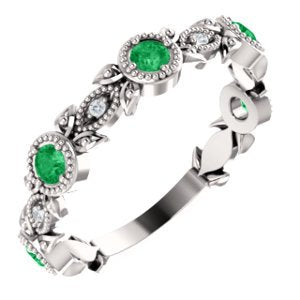 Platinum Chatham Created Emerald and Diamond Vintage-Style Ring, Size 7.25