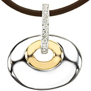 Diamond Oval Pendant 14k Yellow Gold and Sterling Silver Necklace, Brown Leather Cord, 18" (.07 Ctw)