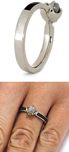 10k White Gold Rough Diamond, Dino Bone Engagement Ring and Gibeon Meteorite, Dinosaur Bone Comfort-Fit Titanium Wedding Band, Set for Him and Her Size, M13.5-F7