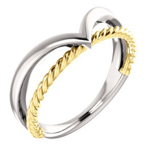 Negative Space Rope Trim and Curved 'V' Ring, Rhodium-Plated 14k White and Yellow Gold, Size 4.25