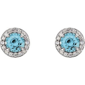 Blue-Zircon and Diamond Halo-Style Earrings, 14k White Gold (4 MM) (.16 Ctw, G-H Color, I1 Clarity)