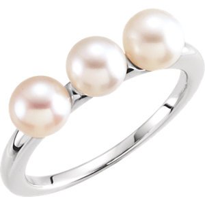 White Freshwater Cultured Pearl Three Stone Ring, Rhodium-Plated 14k White Gold (5.5-6mm) Size 7