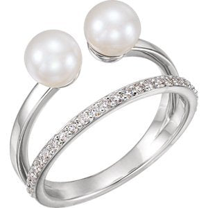White Freshwater Cultured Pearl and Diamond Two-Stone Ring, Rhodium-Plated 14k White Gold (5.50-6.00 MM) (.2 Ctw, G-H Color, I1 Clarity)