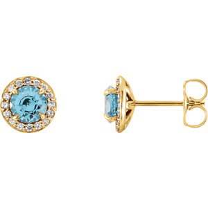 Blue Zircon and Diamond Halo-Style Earrings, 14k Yellow Gold (4.5MM) (.16 Ctw, G-H Color, I1 Clarity)