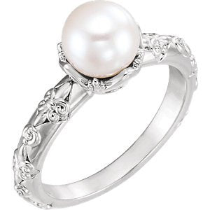 White Freshwater Cultured Pearl, Diamond Vintage Ring, Rhodium-Plated 14k White Gold (7-7.5 mm)(.02 Ctw, G-H Color, I1 Clarity) Size 6.5