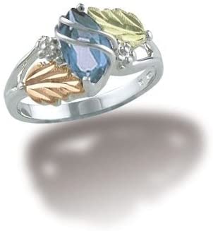 Marquise Created Aquamarine March Birthstone Ring, Sterling Silver, 12k Green and Rose Gold Black Hills Gold Motif, Size 4