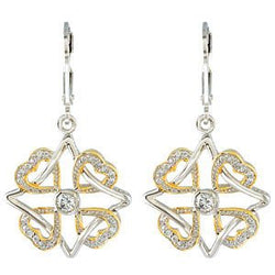 Rhodium Plate Sterling Silver and Yellow Gold Plate 'Faith, Family, Friends and Love' Pave Heart Earrings