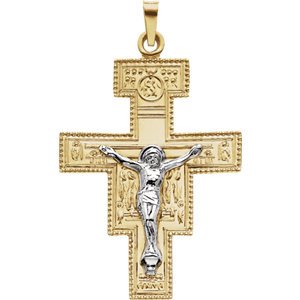 Two-Tone San Damiano Crucifix 14k Yellow and White Gold Pendant(33X25MM)