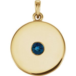 Round Blue Sapphire Disc Pendant, 14k Yellow Gold