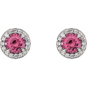 Pink Tourmaline and Diamond Halo-Style Earrings, Rhodium-Plated 14k White Gold (5 MM) (.16 Ctw, G-H Color, I1 Clarity)