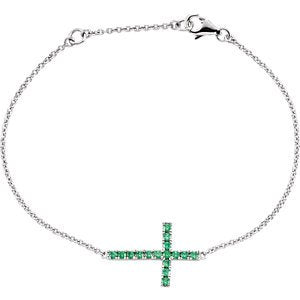 Green CZ Sideways Cross Rhodium-Plated Sterling Silver Bracelet, Adjustable 6-8"