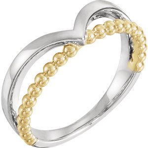 Negative Space Beaded 'V' Ring, Rhodium-Plated 14k White and Yellow Gold, Size 7