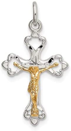 Gold-Plated Sterling Silver Diamond-Cut Fleur-de-lis Budded Crucifix Pendant, 1.10x.57 Inches (28X14.5 MM)