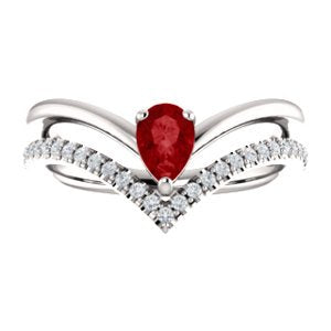 Chatham Created Ruby Pear and Chevron Diamond Platinum Ring ( .145 Ctw, G-H Color, SI2-SI3 Clarity)