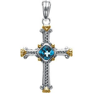 Swiss Blue Topaz Two-Tone Cross Sterling Silver and 14k Yellow Pendant (36.00X27.75 MM)