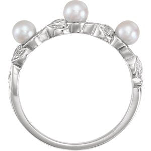 Platinum White Cultured Pearl, Diamond Stackable Leaf Ring (3.5mm)(.03Ctw, Color G-H, Clarity SI2-SI3)