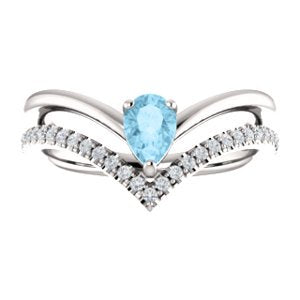Aquamarine Pear and Diamond Chevron Sterling Silver Ring ( .145 Ctw,G-H Color, I1 Clarity)