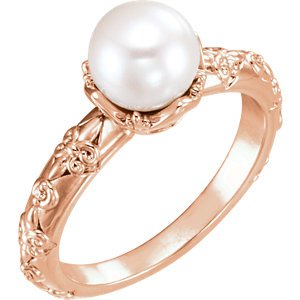 White Freshwater Cultured Pearl, Diamond Vintage Ring, 14k Rose Gold (7-7.5 mm)(.02 Ctw, G-H Color, I1 Clarity)