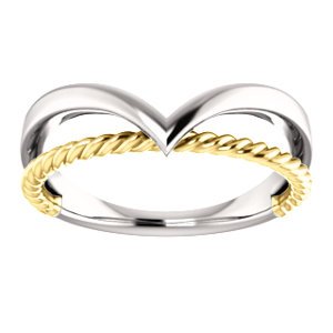 Negative Space Rope Trim and Curved 'V' Ring, Rhodium-Plated 14k White and Yellow Gold, Size 4.25