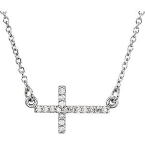 17-Stone Diamond Sideways Cross Rhodium Plate 14k White Gold Pendant Necklace, 16-18" (.01 Cttw)