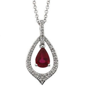 Rhodium Plated 14k White Gold Ruby Pear and Diamond Necklace, 18" (1/6 Cttw, H-I Color, I1 Clarity)