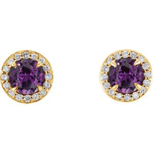 Chatham Created Alexandrite and Diamond Halo-Style Earrings, 14k Yellow Gold (3.5 MM) (.16 Ctw, G-H Color, I1 Clarity)