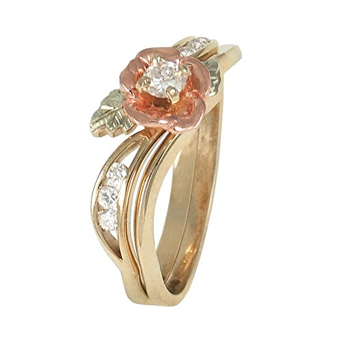 Ave 369 Diamond Flower and Channel Set Diamond 10k Yellow Gold Wedding Ring Set, 12k Rose Gold, 12k Green Gold (.17 Ct KM .12 Ctw HJ, Color, I1-2 Clarity)