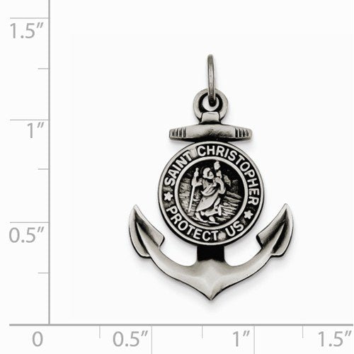 Sterling Silver Antiqued Satin St Christopher Anchor Medal Charm Pendant (33X20 MM)