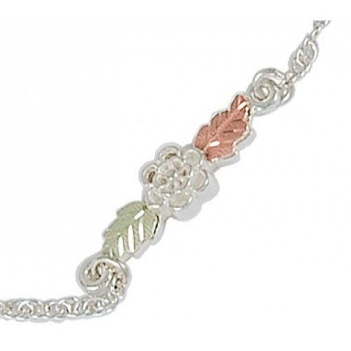 Flower Ankle Bracelet, Sterling Silver, 12k Green and Rose Gold Black Hills Gold Motif, 10"