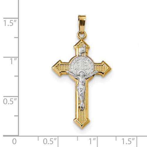Rhodium-Plated 14k Yellow and White Gold Two-tone St. Benedict Medal INRI Crucifix Pendant (32X19MM)